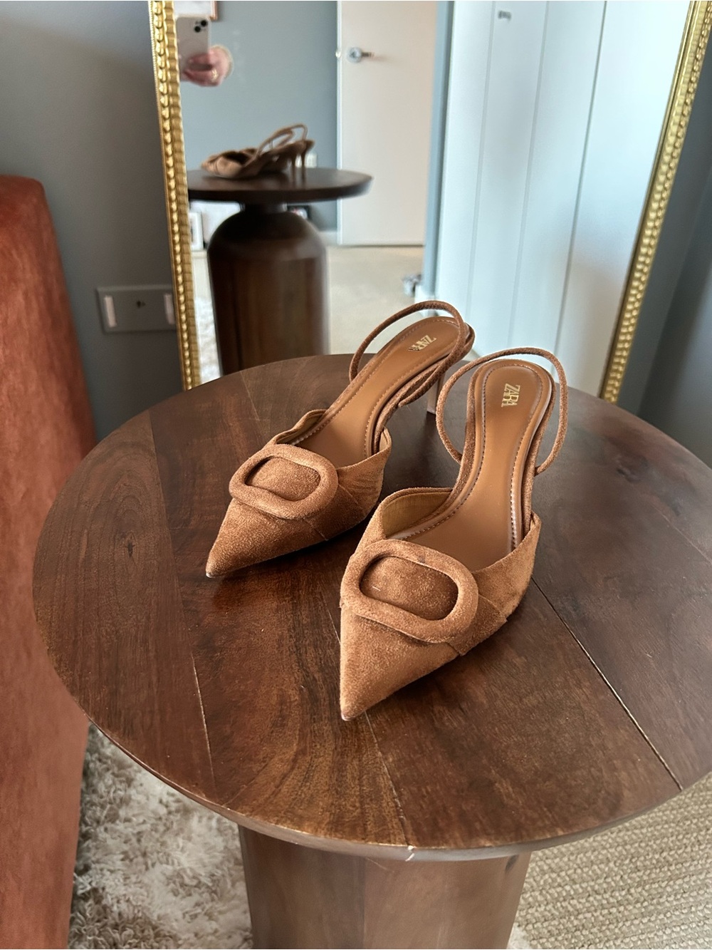 Zara Tan Suede Pointed Slingback Heels with Buckle